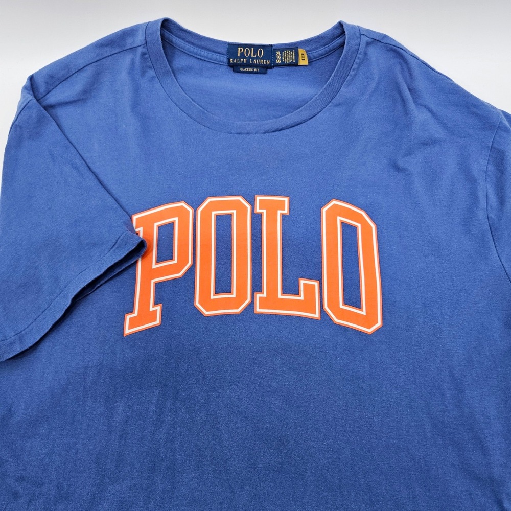Polo Ralph Lauren Mens XL Blue Orange Spellout Graphic T-Shirt Classic Fit